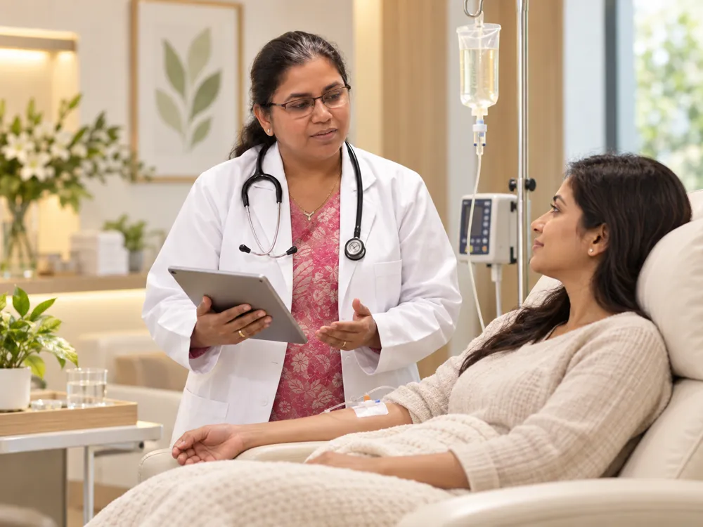 A doctor holding a tablet while checking on a patient receiving IV therapy