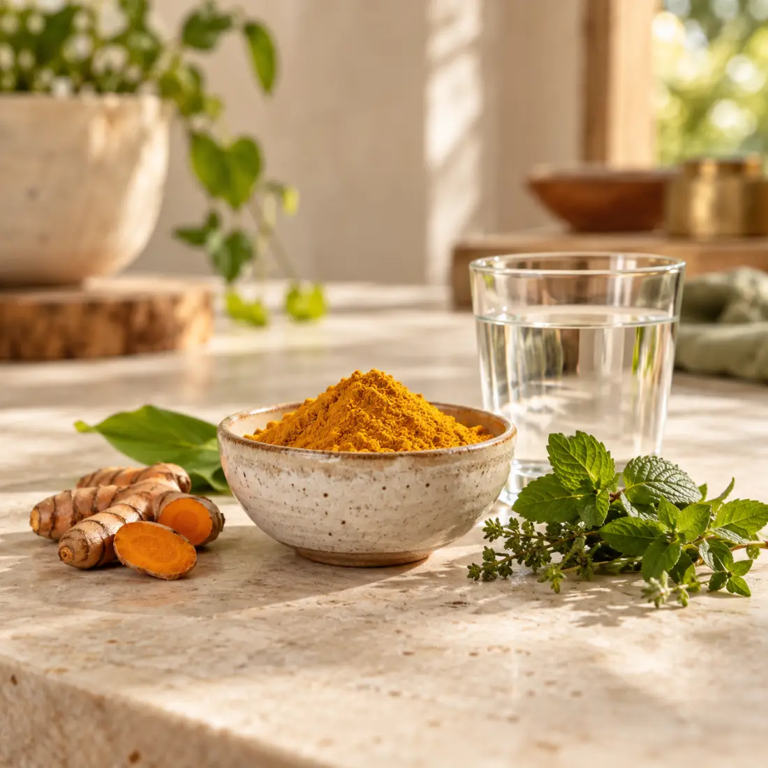 Ceramic bowl of turmeric and fresh herbs on a pale stone surface
