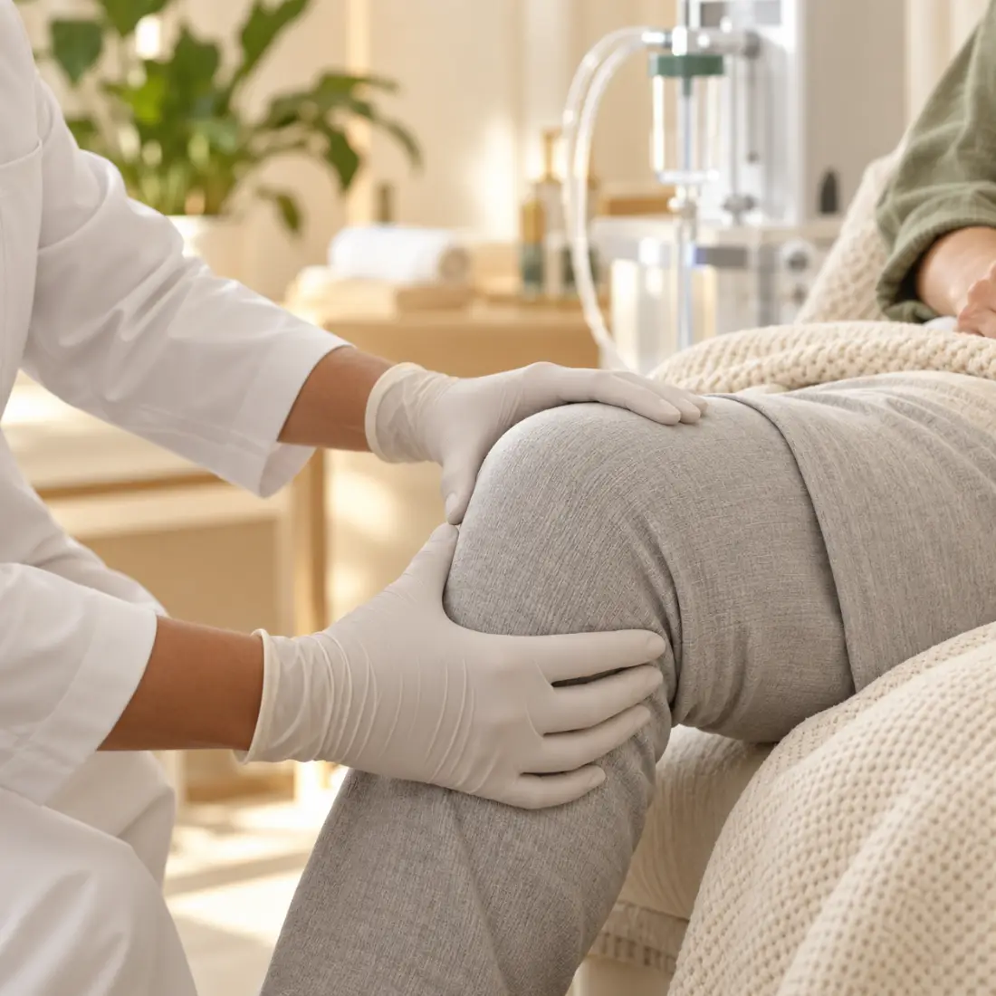 Gloved hands supporting a knee joint, medical tubing softly out of focus