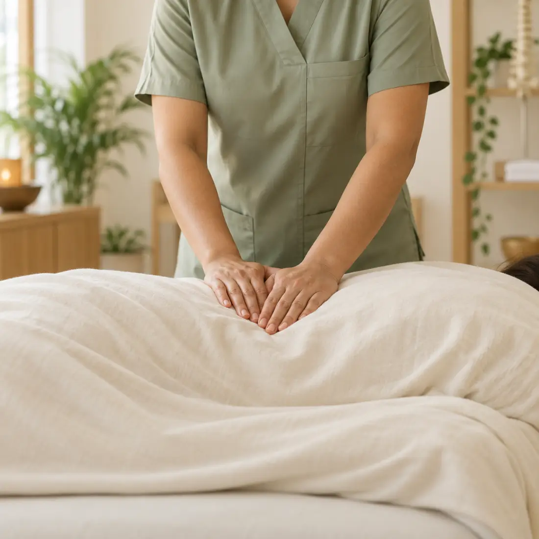 Therapist’s hands resting on a patient’s lower back over a folded towel