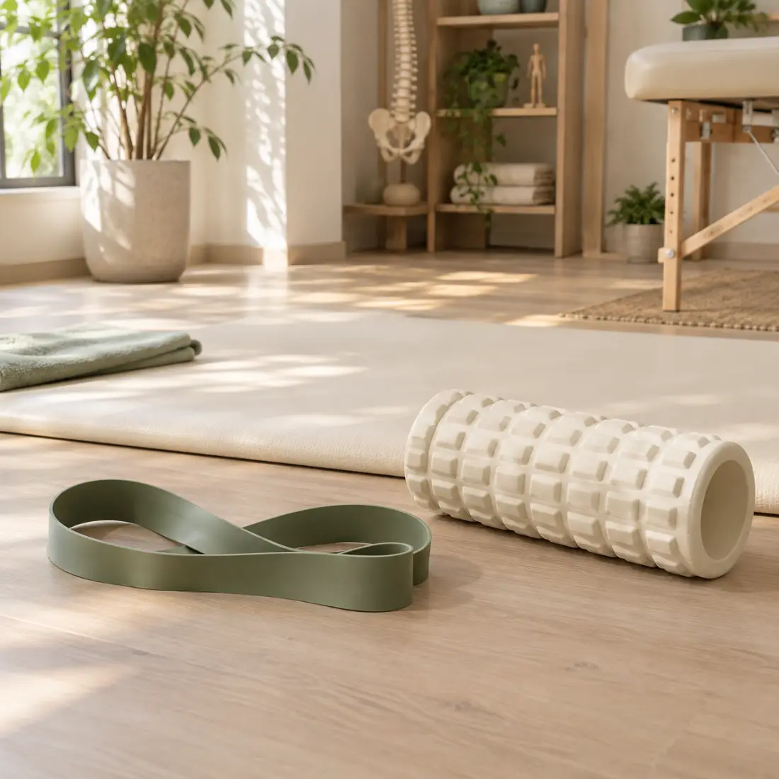 Resistance band and foam roller on light wood flooring beside a mat
