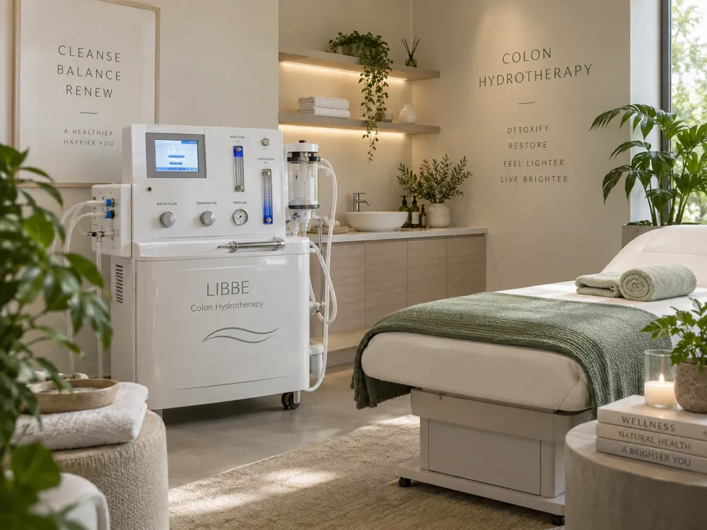 A colon hydrotherapy treatment room with equipment beside a treatment bed