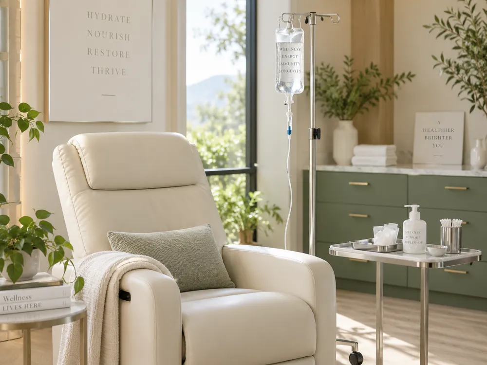 A cream-toned IV nutrition therapy room with a reclining chair and a wellness drip stand