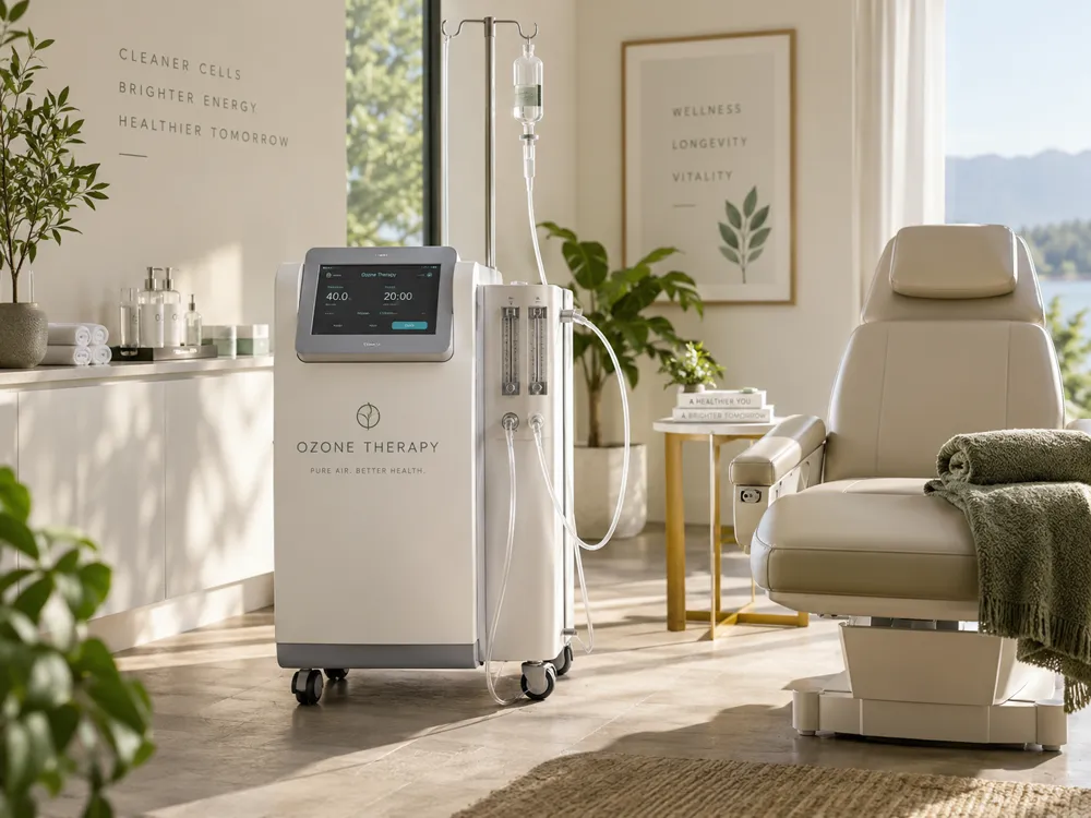 An ozone therapy room with clinical equipment beside a cream treatment chair